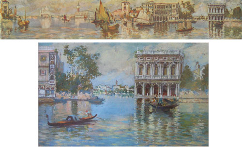 Venice pattern, 30" x 10', and original watercolor by Hugo M. Schmitz, Schmitz-Horning co-founder.