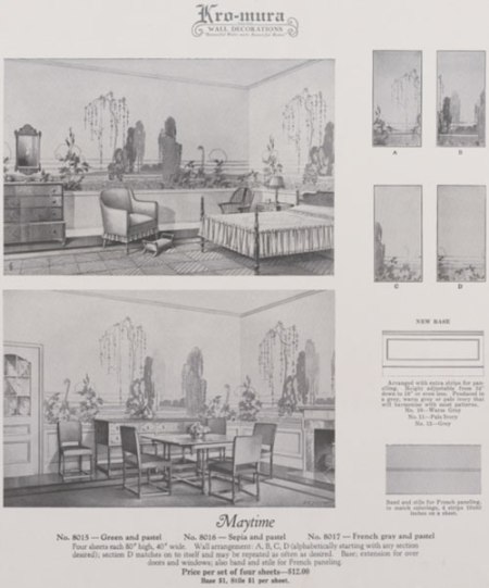 Maytime wall covering pattern by Schmitz-Horning Co. 1937 Kro-Mura catalog specification page.