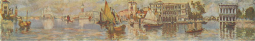 Hugo Max Schmitz’s watercolor of Venice became a wall mural pattern for Schmitz-Horning Co., early 1900s.